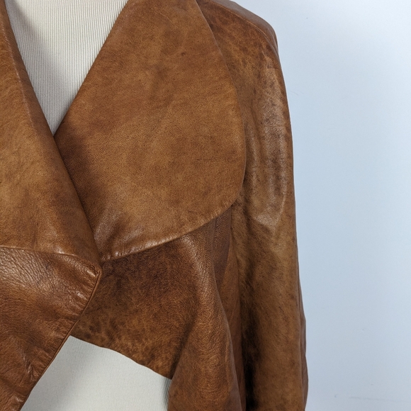 Yigal Azrouel Cognac Open Front Leather Jacket Drapey Size 12 - Picture 5 of 12